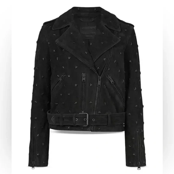 All Saints x Balfern Star Studded Suede Biker Jacket sz US 4 NWT 559$ - Picture 3 of 14